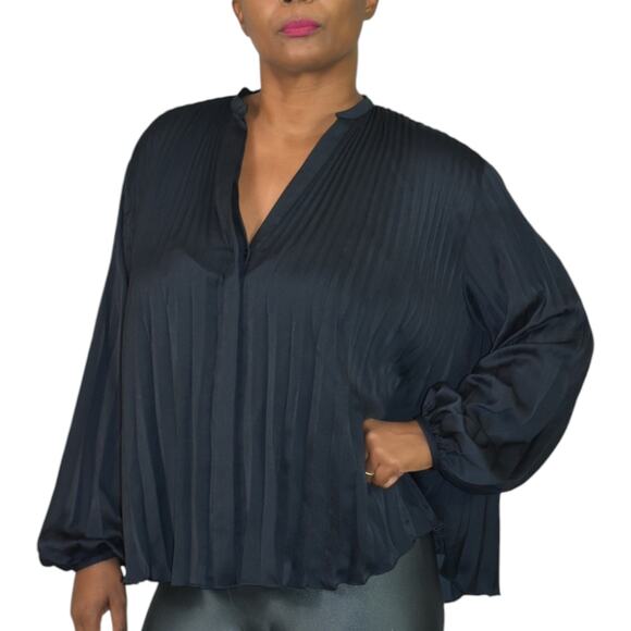Vince Pleated Blouse Blue Dressy Swing Button Front Long Sleeve Oversized Top XS - Picture 12 of 14